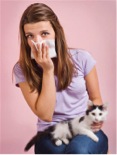 Young woman holding a kitten and sneezing into a tissue.